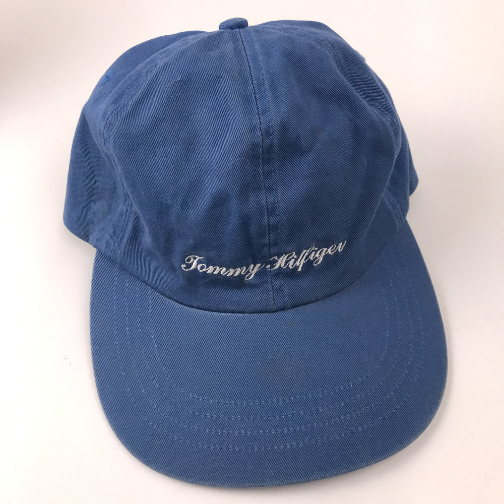 Tommy Hilfiger white script on blue cotton dad cap floral headband and tape